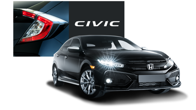 Vue de trois quarts avant de la Honda Silver Line avec logo Honda Civic.
