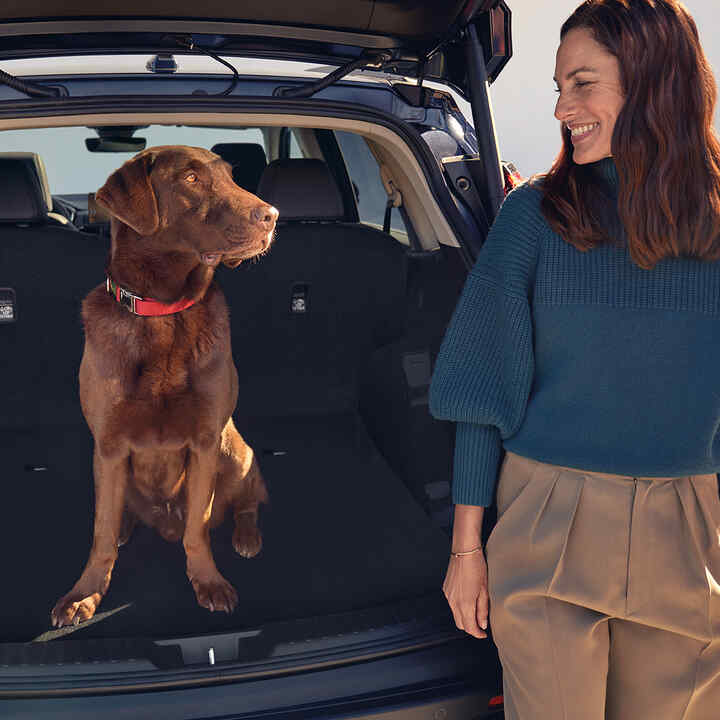 Vue de derrière du Honda CR-V hybride avec chien et mannequin assis à l'intérieur du coffre.