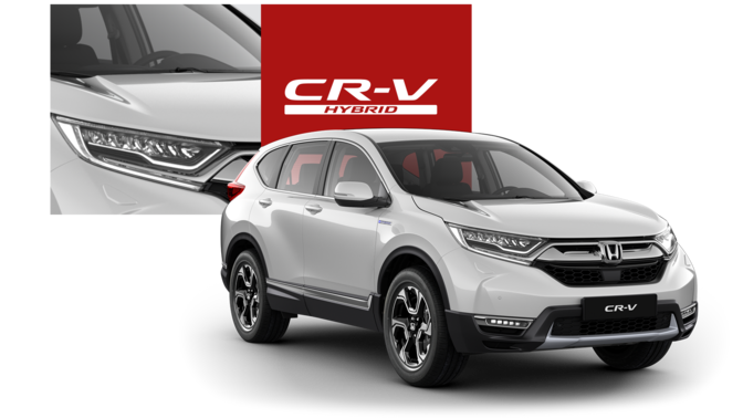 Honda CR-V Hybrid vue de trois quarts avant avec logo en arrière plan