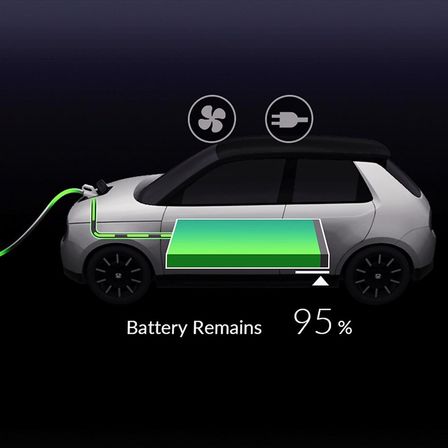 Vue de face de l'intérieur de la Honda Urban EV Concept raccordée à une borne de charge.